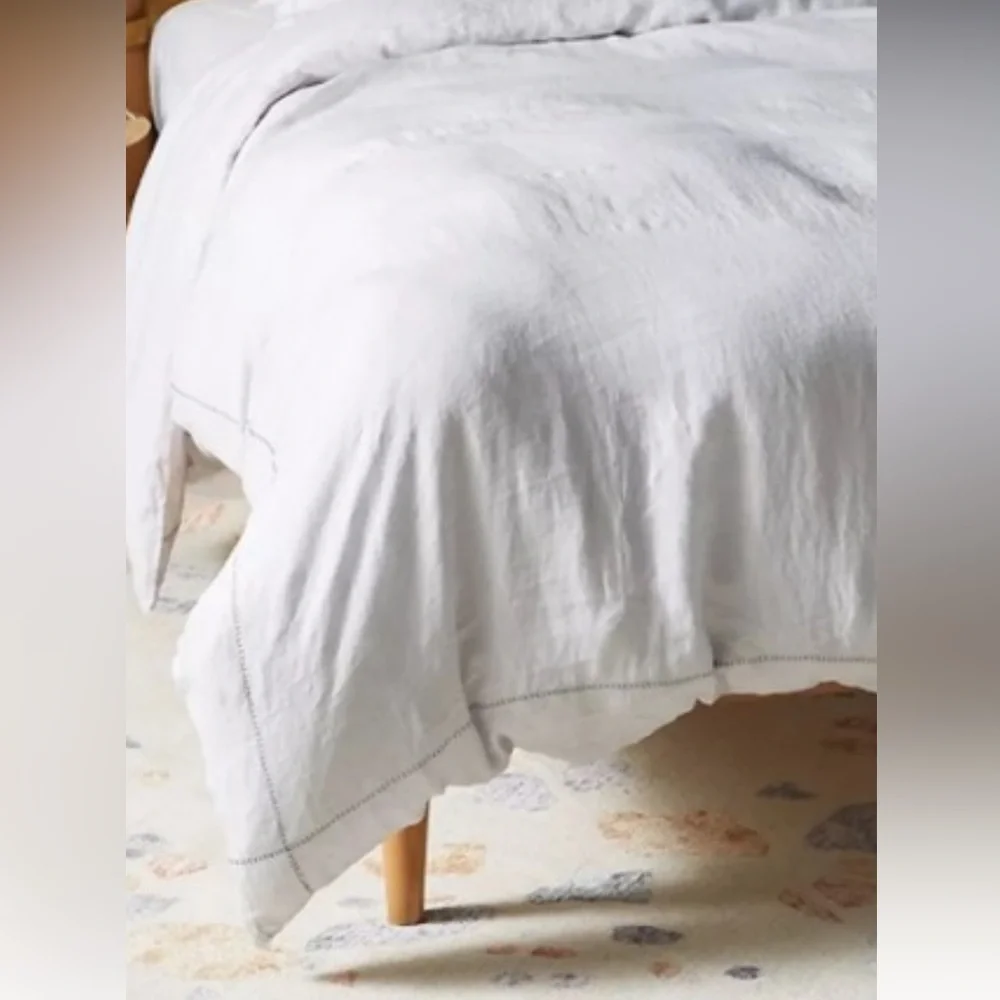 Anthropologie stitched organic linen duvet cover twin Dorm white grey embroidery